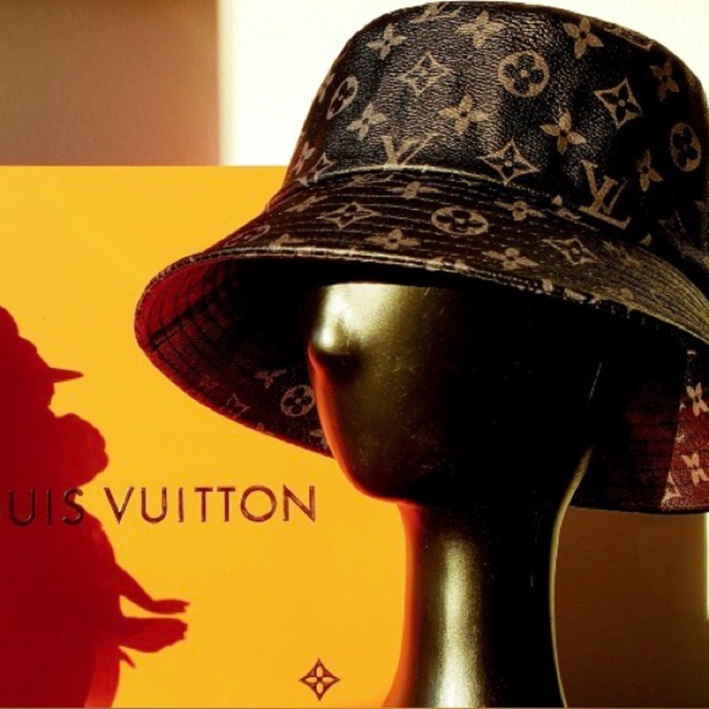 Leather Monogram Black Gray Bucket Hat Calf Skin jacquard Unisex - Picture 10 of 11